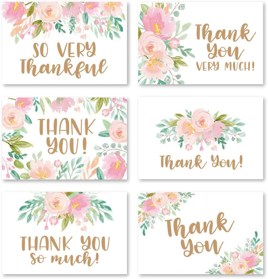 24 Pink Blush Floral Thank You Cards With Envelopes