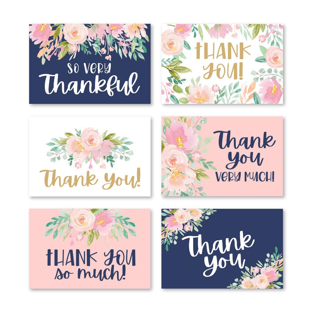 24 Navy Blush Floral Thank You Cards With Envelopes
