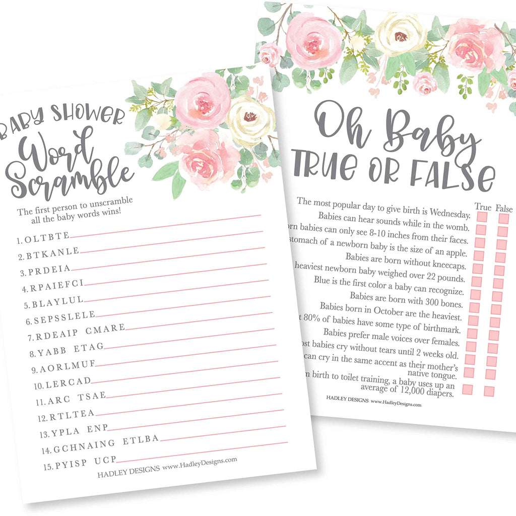 25 Double-Sided Baby Shower Games (Word Scramble + True Or False)