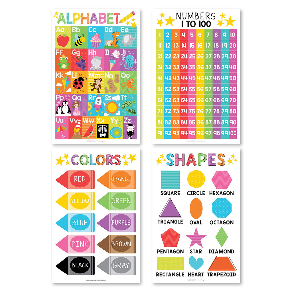 4 Laminated Educational Posters (Alphabet, Numbers, Colors & Shapes)