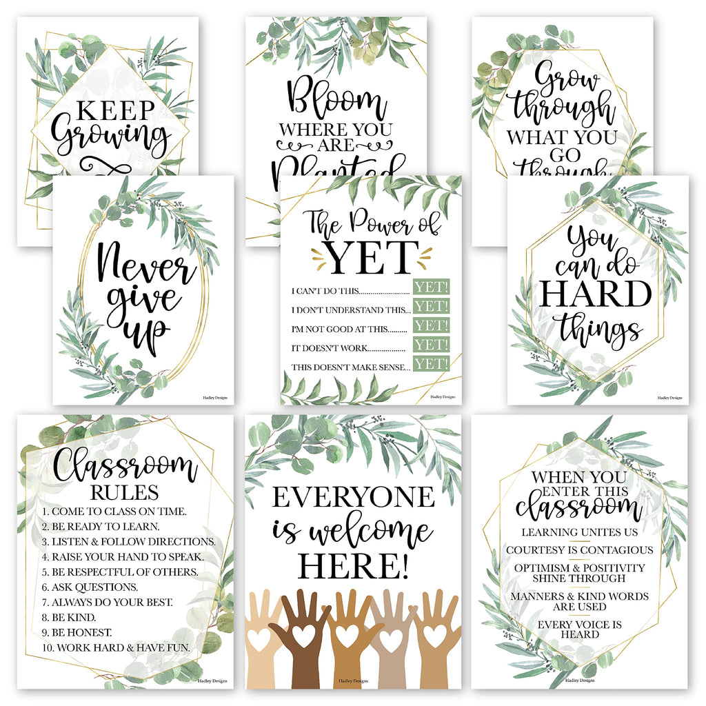 9 Eucalyptus Themed Motivational Classroom Signs