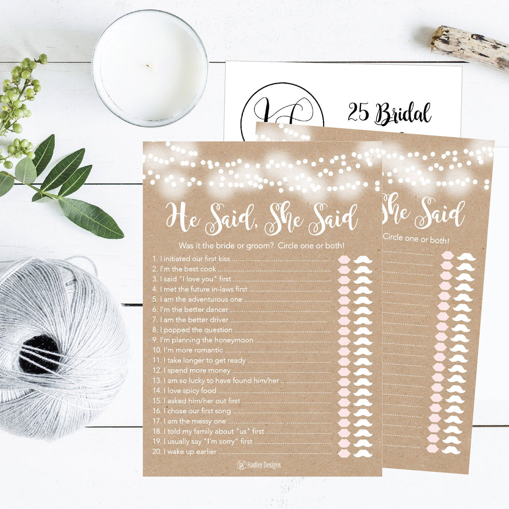 25 Rustic Wedding Bridal Shower Game Cards