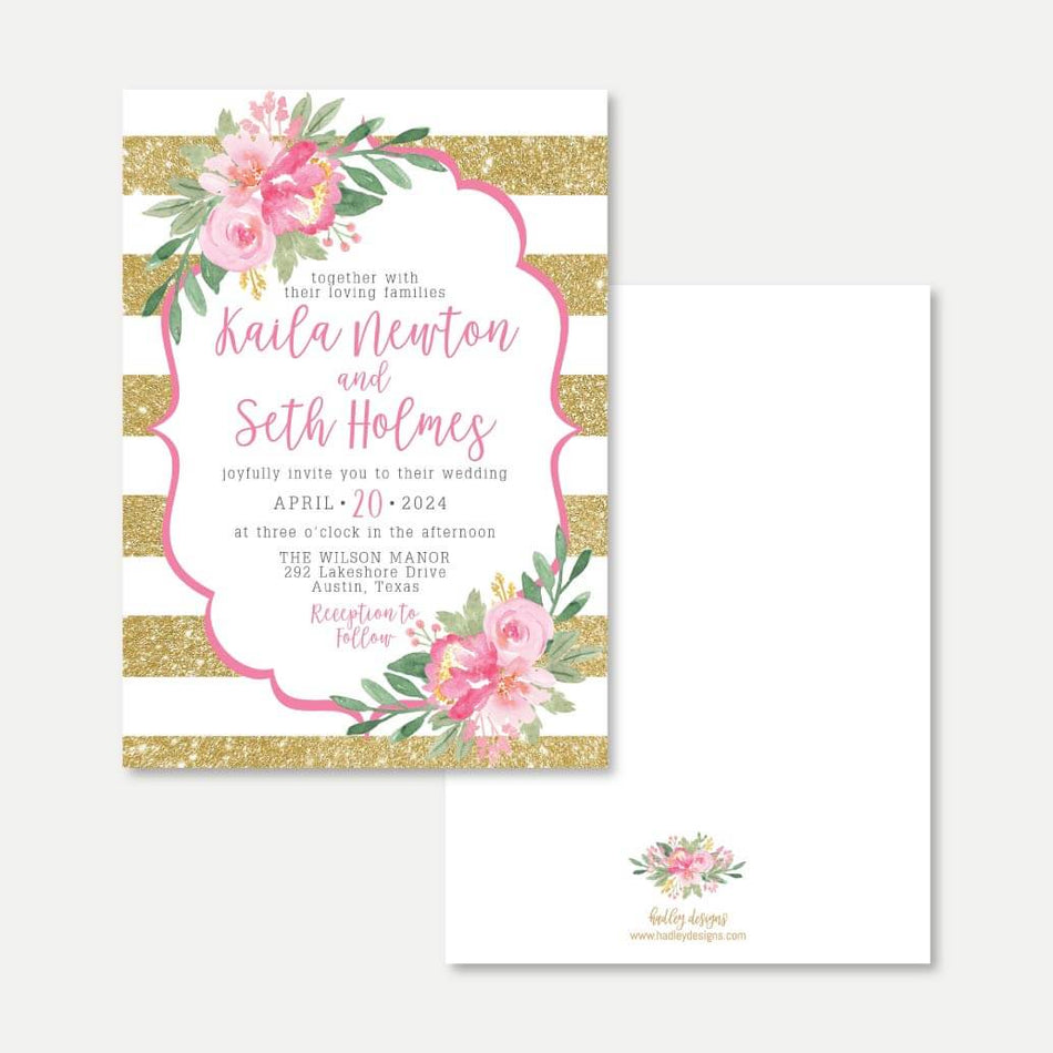 Printable Gold Glitter Striped Blush Floral Wedding Invitation Template